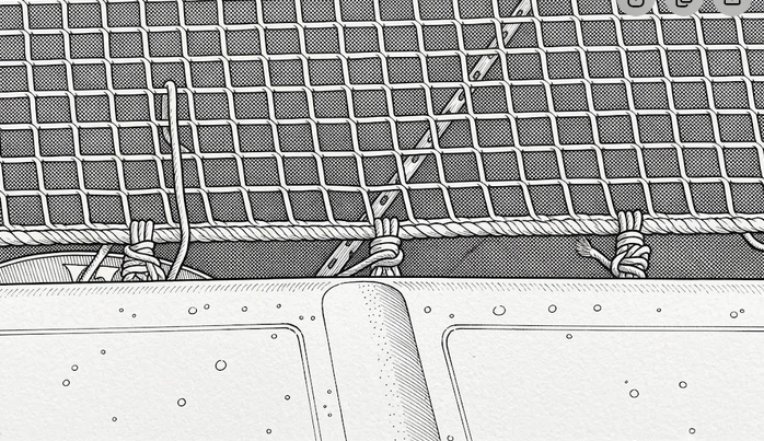 Schéma du laçage point par point d'un filet sur ses fixations