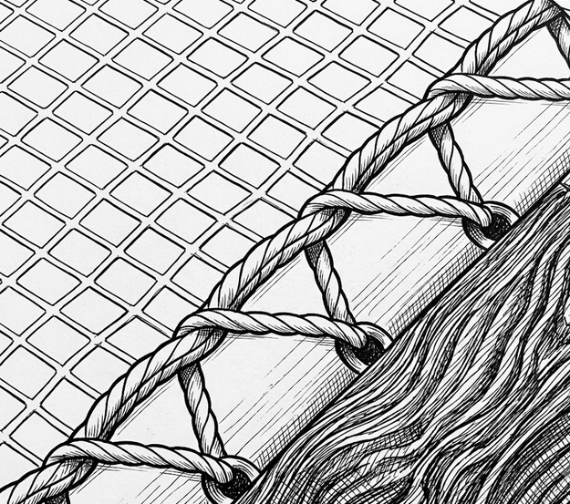 Schéma du laçage simple d'un filet sur ses fixations